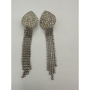 Vintage Rhinestone Tassel Earrings Silver Tone